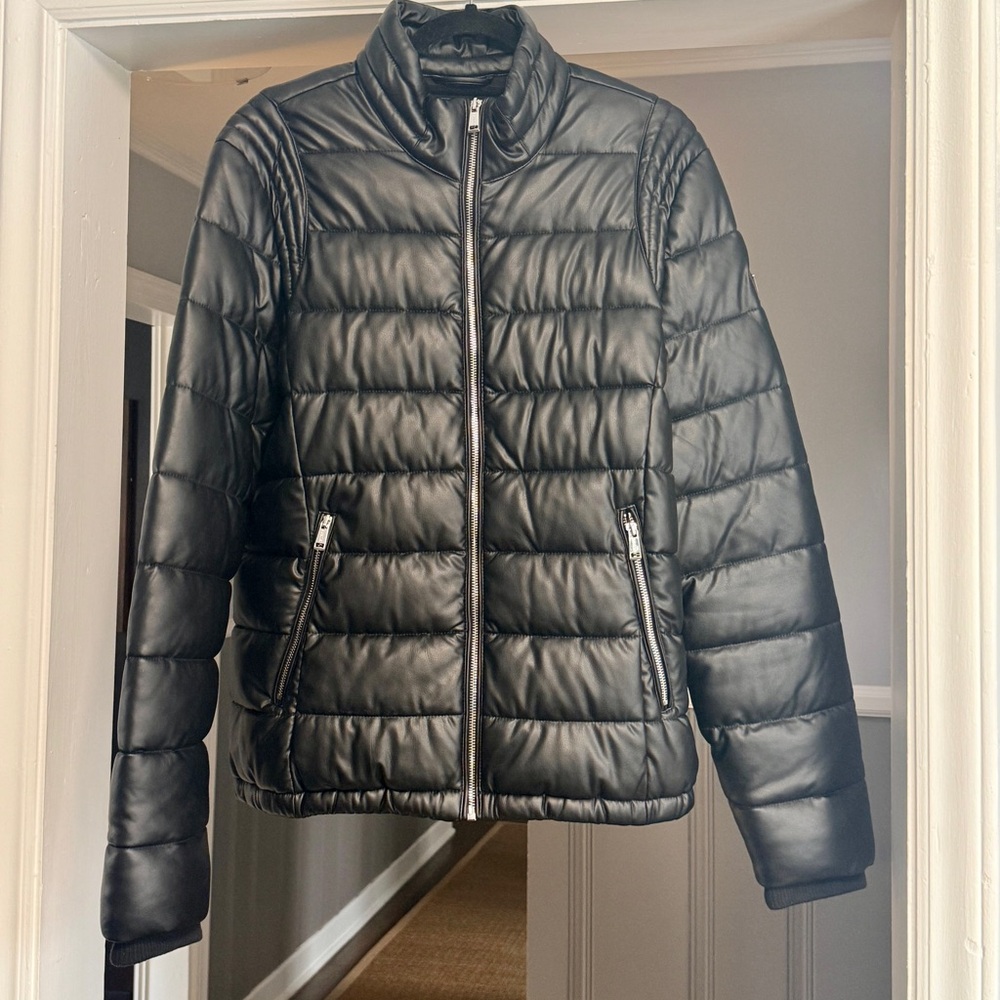 GUESS Men’s Black Faux Leather Bomber Jacket